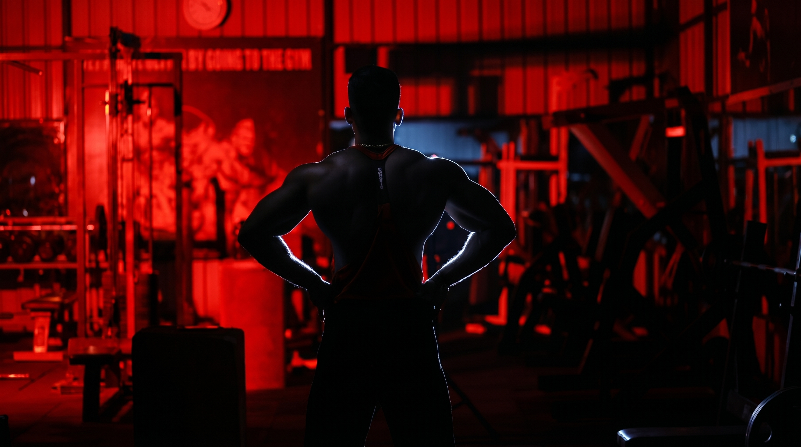 Athletic V-taper back silhouette in a dark gym